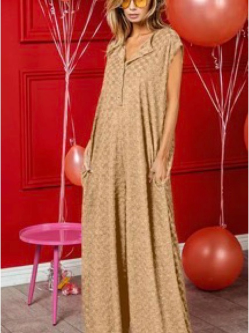 Sleeveless Beige Check-Texture Jumpsuit